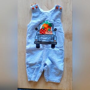 Blue Seersucker Pumpkin Truck Overalls